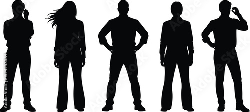 Black silhouettes of diverse professional people standing in a row isolated on white background representing teamwork leadership corporate group business community and successful partnership