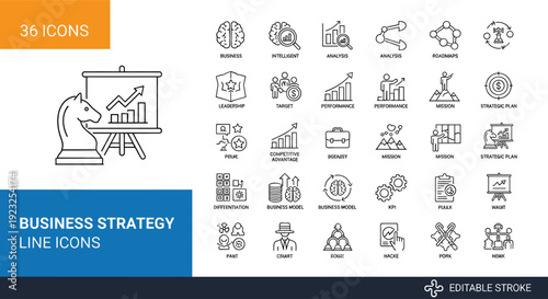 Business strategy line icon set featuring corporate planning financial growth analysis competitive marketing vision and professional leadership symbols,