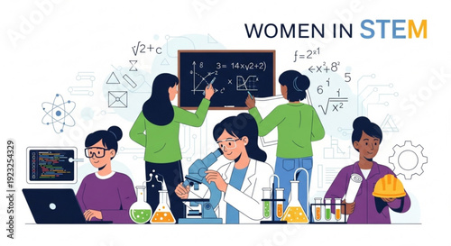 Diverse women in stem education setting with lab equipment and blackboard