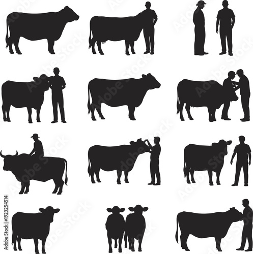 Cattle and farmers silhouettes set in black vector illustration isolated on light background for agriculture, livestock management and rural farm design