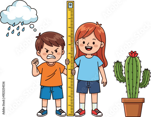 Cartoon children height comparison concept with growth measurement ruler, sibling size difference, childhood development illustration featuring rainy cloud and cactus in playful educational style