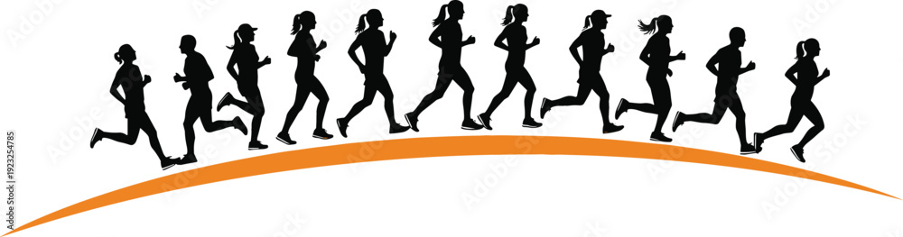 Obraz premium Large group of runners marathon silhouettes jogging on a curved horizon line for fitness community and healthy lifestyle