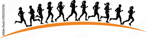 Large group of runners marathon silhouettes jogging on a curved horizon line for fitness community and healthy lifestyle