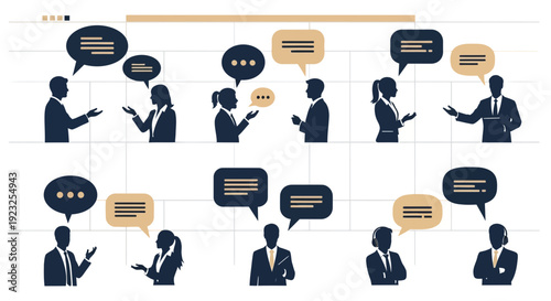 Business communication concept featuring diverse professional figures and speech bubbles for