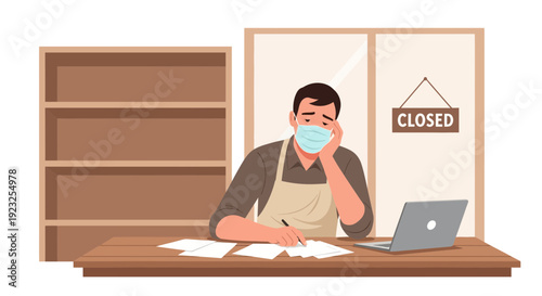 Business owner wearing a mask feeling stressed and sad due to the current economic recession