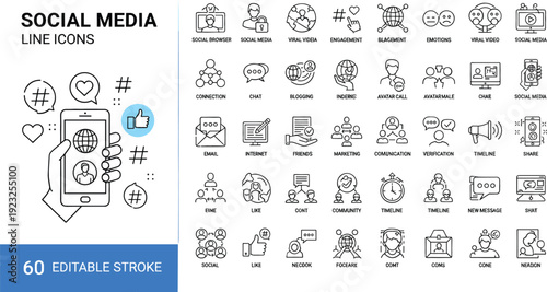Social media and digital communication line icon set featuring networking engagement smartphone global connection and online interaction symbols