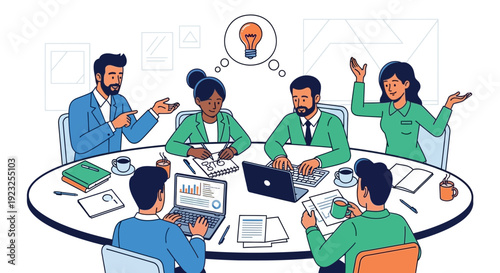 Business team brainstorming session at a table with laptops and coffee, idea generation