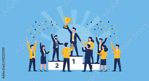 Business team celebrating victory with trophy on podium, achieving success together with teamwork