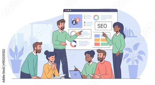 Business team discussing SEO strategy and analytics presentation for business development and
