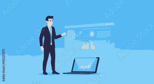 Businessman presenting data analytics on digital interface for business strategy and financial