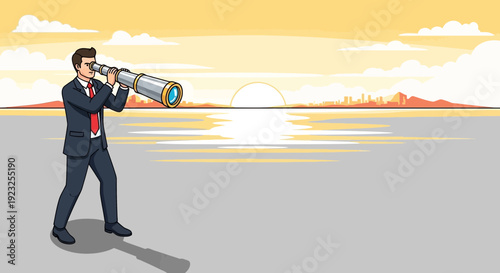 Businessman with spyglass searching opportunities with a bright future concept