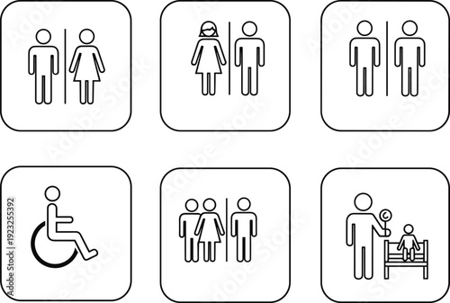 Restroom signage icons illustration, accessibility and inclusivity symbols, creative vector artwork, public facility concept design
