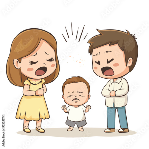A crying baby witnessing parents quarreling loudly. , vector style simple color