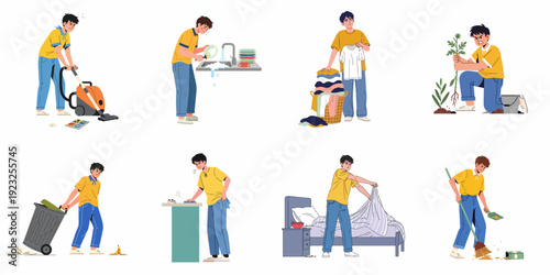 Reluctant young man doing various household chores and cleaning activities, illustrating domestic duties and daily responsibilities.