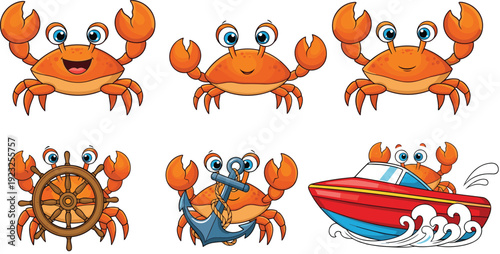 Cute Cartoon Crab Characters Set with Nautical Elements Anchor, Ship Wheel and Speedboat Vector Illustration Collection