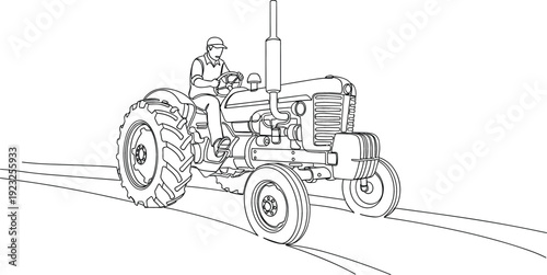 Continuous line drawing of a smart farmer using a digital tablet to monitor crops with a drone flying over a field representing AgTech innovation precision agriculture and futuristic farming.