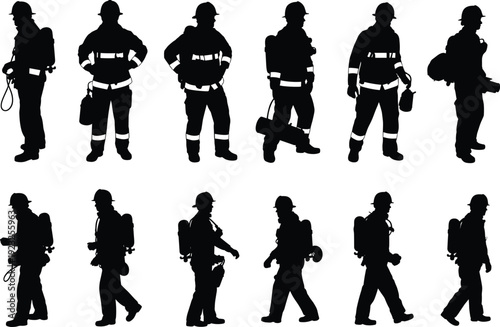 Firefighter silhouette collection in various poses with protective gear, black vector illustration isolated on light background for emergency service design