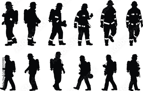 Firefighter silhouettes walking and working in protective gear, black vector illustration isolated on light background for emergency service and safety design