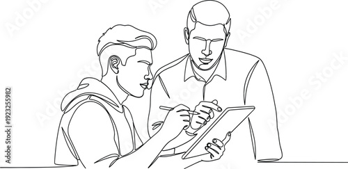 Continuous line drawing of a mentor guiding a student with a digital tablet representing e-learning professional mentorship and modern education technology.