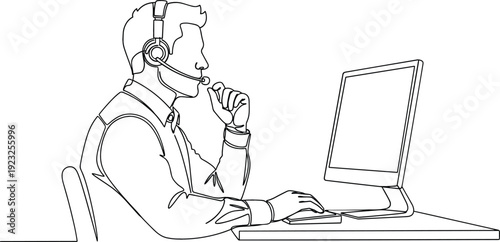 Continuous line drawing of a customer support agent wearing a headset and working on a computer representing virtual assistance telemarketing and client service excellence.