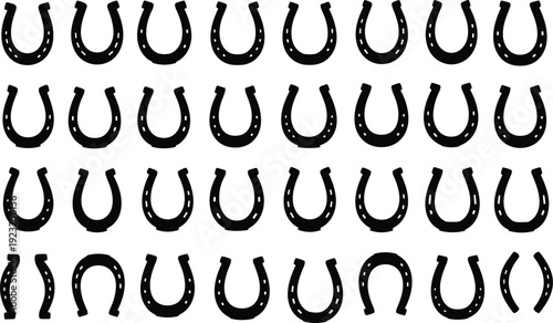 Black horseshoe silhouettes arranged in grid pattern, decorative icons, equestrian symbols, luck charm illustration, mirrored pairs, vector design elements