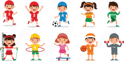 Happy kids playing different sports activities, cartoon children exercising with soccer, basketball, hula hoop, skateboard and dumbbells isolated on white background illustration