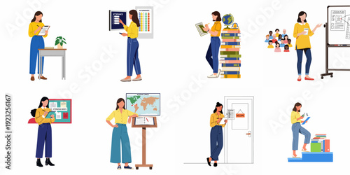 A collection of illustrations depicting a female teacher engaged in various educational activities: planning lessons, taking attendance, teaching students, and managing classroom tasks.
