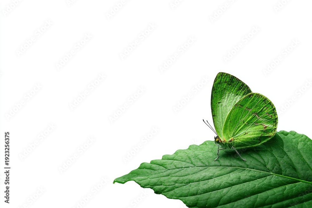 Fototapeta premium A vibrant green butterfly with delicate, intricately veined wings rests gently on a fresh, textured green leaf. The crisp, isolated composition against a pristine white background highlights the natur