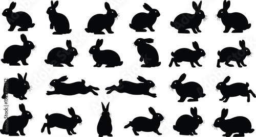 Black rabbit silhouette vector illustration featuring multiple poses including sitting, hopping, running, decorative design, isolated background, perfect for stock content