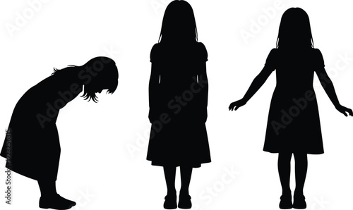 Set of black silhouettes of a young girl in a dress standing straight, looking down, and arms wide, isolated on a white background