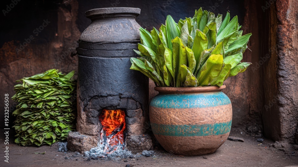 Obraz premium Traditional clay oven with blazing fire and potted plants