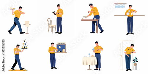Busy restaurant waiter illustrations depicting various tasks, from serving food and drinks to table preparation, highlighting time management and efficiency in hospitality.
