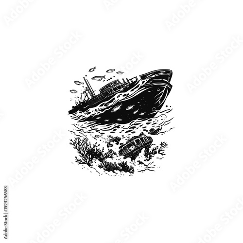 hand-drawn illustration of a shipwreck resting on the ocean floor, surrounded by coral reefs and small fish