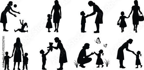 Mother and child silhouettes collection showing parenting, love and family care in black vector illustration isolated on light background