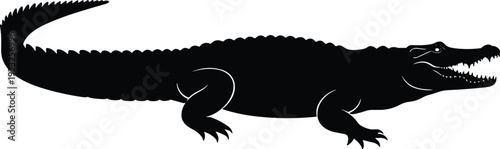 Crocodile silhouette vector illustration, side profile reptile design, open mouth teeth graphic, black bold style, wildlife animal art