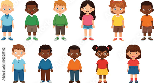 Multicultural children cartoon characters set, diverse boys and girls collection isolated on white background, inclusive kids illustration for education and diversity concept