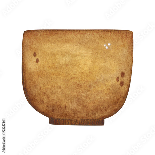 Brown clay Chinese teacup. Hand-drawn watercolor illustration, cartoon. Design for stickers, cards, posters, scrapbooking. Food, China, ceremony, tea drinking, China, India, Japan