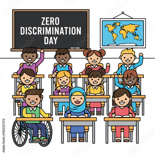 A diverse group of children sitting at desks in a classroom, celebrating Zero Discrimination Day with a sign and a world map. Perfect for education, social issues, and awareness campaigns