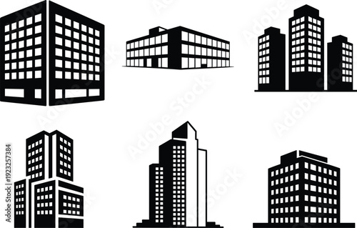 Modern office buildings and skyscraper silhouettes in black vector illustration isolated on light background for urban architecture and city skyline design