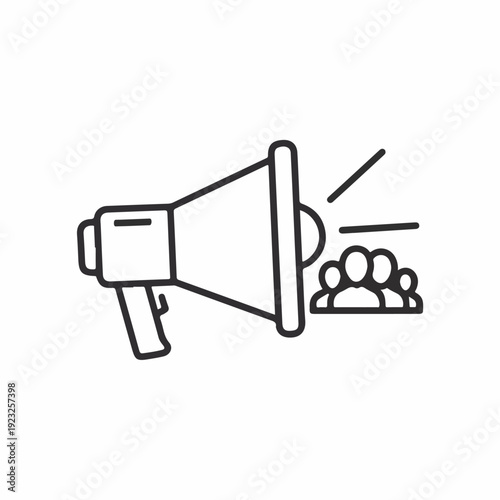 A line drawing of a megaphone addressing a group of people, conveying a message in a simple and clear visual style. Perfect for announcements, communications, and marketing materials