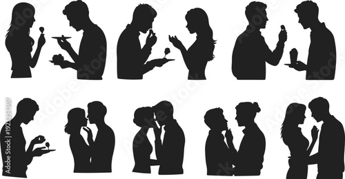 Romantic couple silhouettes eating dessert and sharing sweet moments vector illustration isolated on light background for love, dating, relationship and Valentine design