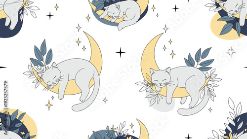 Elegant seamless pattern depicting grey cats peacefully sleeping on crescent moons among leaves, stars, and celestial sparkles on a white background.