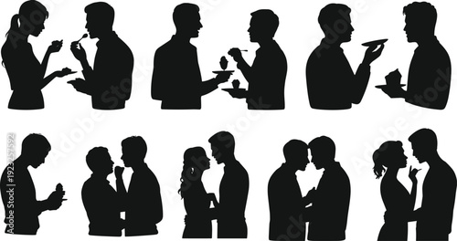 Romantic couple silhouettes sharing dessert and intimate moments in black vector illustration isolated on light background for love, dating and relationship design