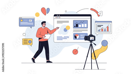 Man giving an informative professional video presentation while pointing to a large screen with data charts and graphs using a camera and tripod.