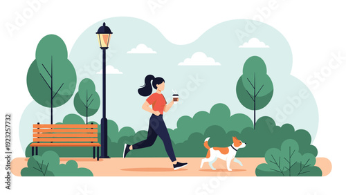 Active woman in sportswear running through a beautiful green park while holding a coffee cup and being followed by her happy dog on a sunny day.