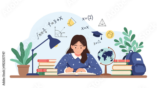 Young girl studying at her desk surrounded by stacks of books, a globe, and floating mathematical symbols and educational icons in flat style.