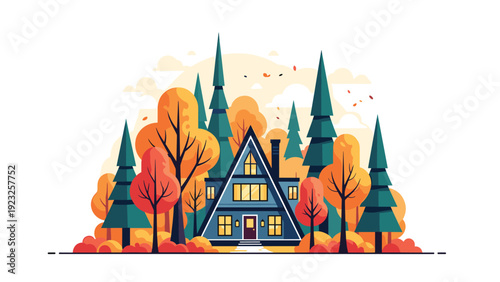Charming A-frame cabin in a colorful autumn forest with orange trees and falling leaves under a soft sunset sky in flat vector style.