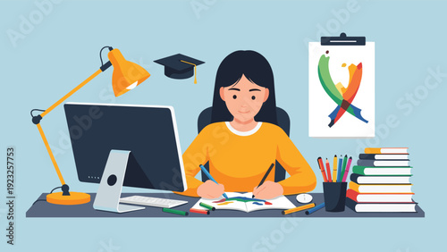 Creative young girl sitting at her desk studying and drawing in a sketchbook surrounded by many art supplies, books, a computer, and graduation hat.