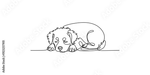 A minimalist one-line drawing of a cute puppy resting peacefully on a white background
