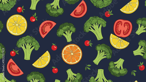 Healthy food pattern with fresh broccoli florets, tomato slices, lemon wedges, and cherries on a dark navy blue background for kitchen decor.